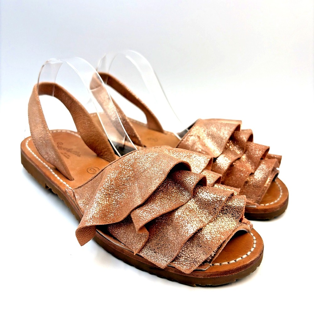 Seychelles Rose Gold Frill Metallic Leather Sandals Summer Slip On Flats Size 9 - Picture 9 of 14